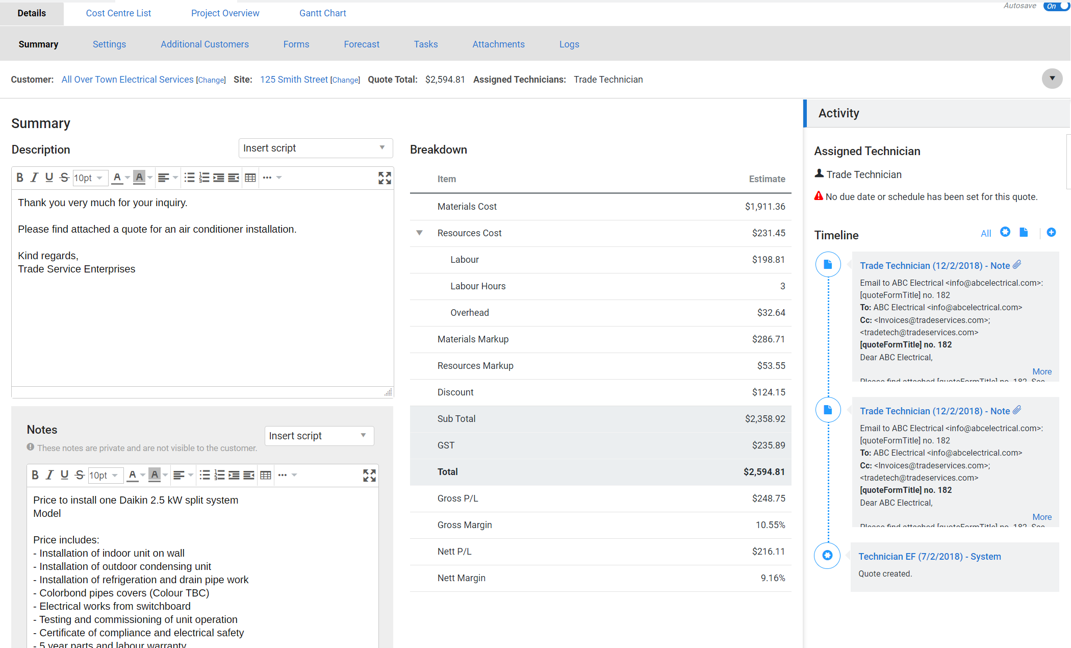 A screenshot of the Quote Summary tab.